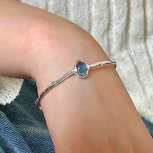 Sterling Silver Aquamarine Bangle Bracelet, Cuff, Blue Topaz, Minimalist